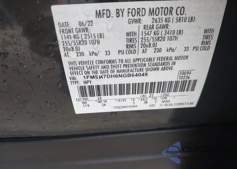 2022 Ford Explorer Xlt z USA, uszkodzony, nr VIN 1FMSK7DH6NGB64049